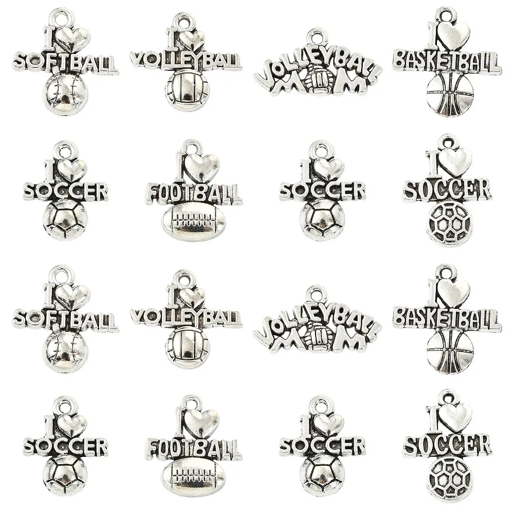 80pcs Mixed Sport Charm Soccer Basketball Volleyball Softball Football Pendant Silver for DIY Bracelet Necklace Jewelry Making