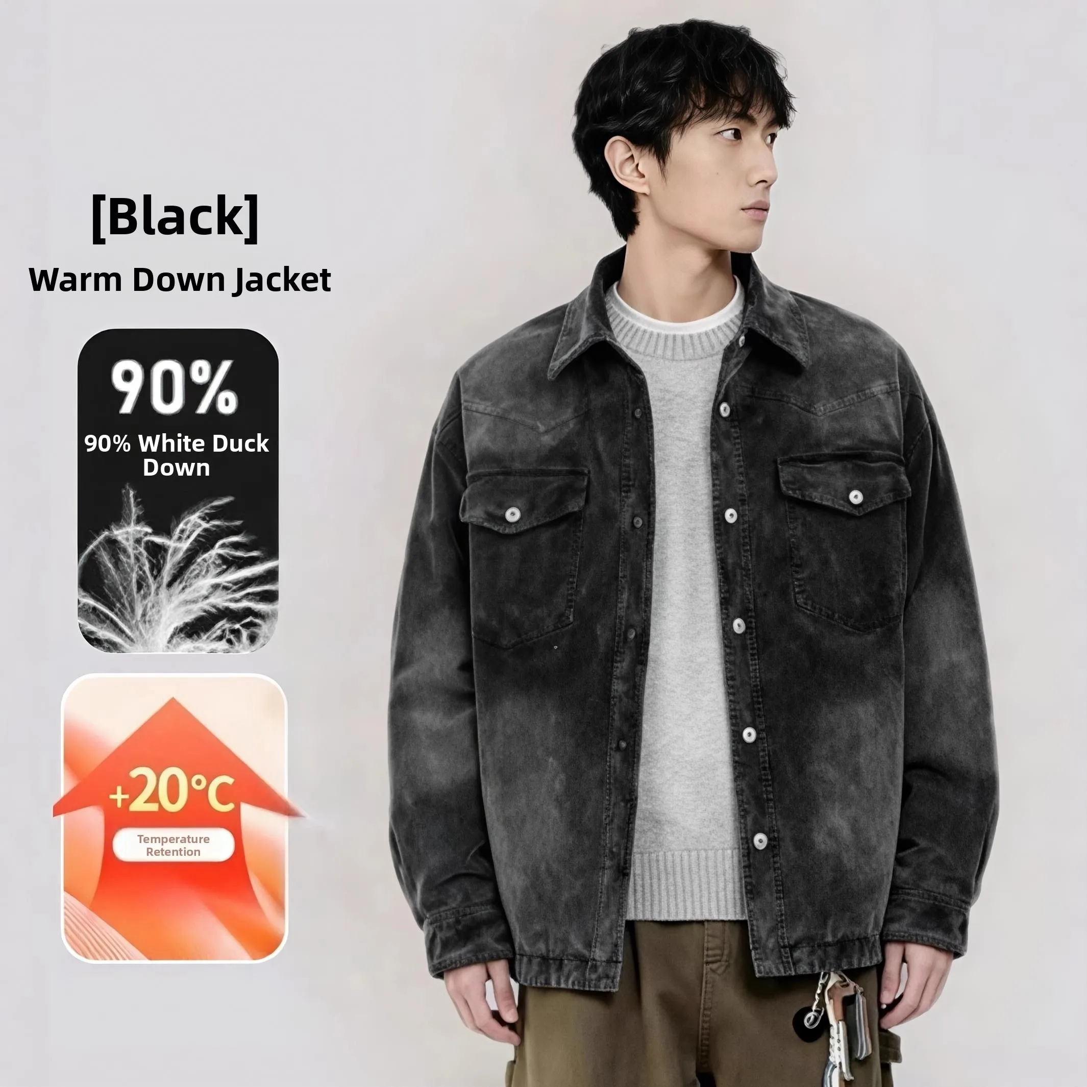 

American Retro Men's Corduroy down Jacket Winter New Style Warm Outerwear Loose Fashionable Collar Flip Casual Cotton Duck down