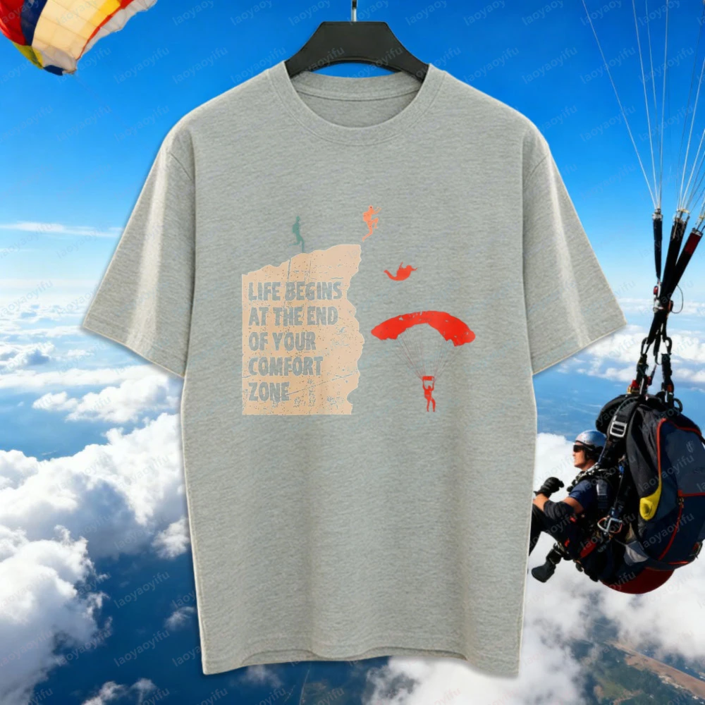 Inspirational Skydive Cotton Tee Bold Life Begins At Comfort Zone End Graphic T-Shirt for Men's Summer Trendy Extreme Sport Tops