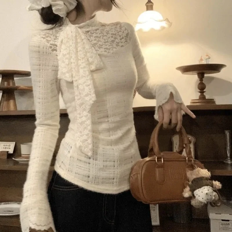 

Lace French Hollowed Out Polo Top Women Spring Autumn Y2K Crochet Top Women Pure Desire Thin Thick Bottom Commute Shirt Top New