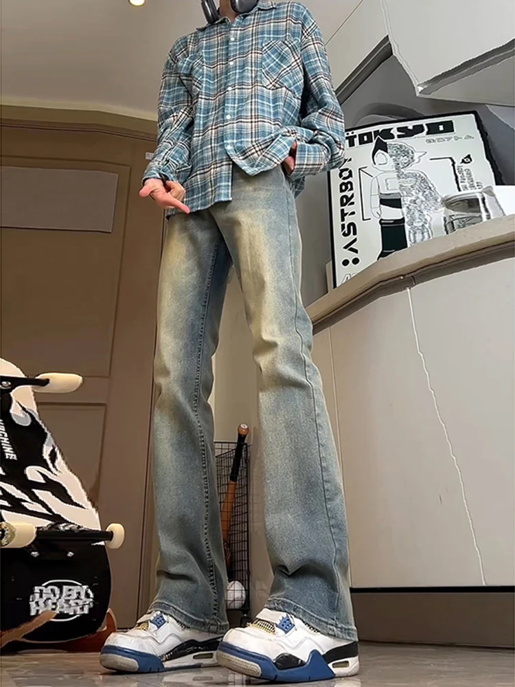 

Retro Blue Men's Jeans High Waist Slim Fit Belt Design Summer Straight Leg Jeans Youthful Trendy Wear Resistant Cotton Denim