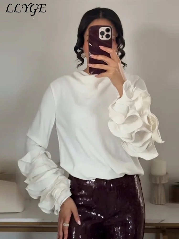 Fashion Women's Petal Long Sleeve Shirts Elegant Loose O-neck Female Blouses 2025 Spring Lady Casual All-match T-shirt