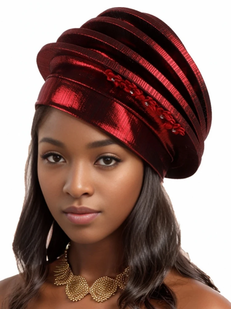 

2024 New African Headtie Turban Nigeria Head Ties with Flowers Already Made Auto Gele Women Head Wraps for Wedding Party