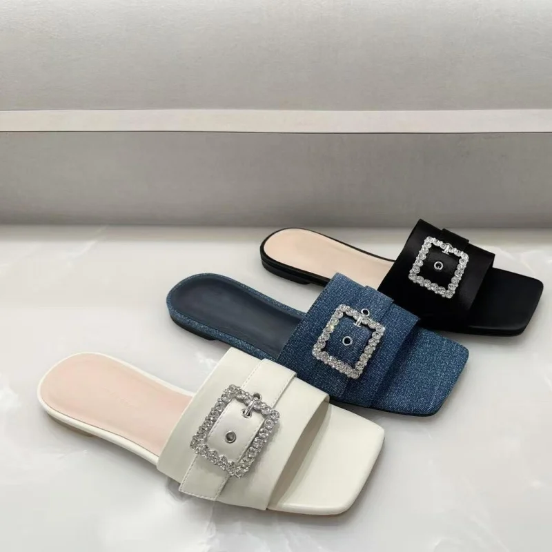 Women's summer outdoor slippers 2025 new model 70381116 with shiny diamond square buckle, flat-soled open-toe slide sandals