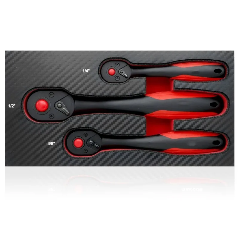 

Набор из 3-х трещоточных ключей с 72 зубьями, двусторонним быстрым приводом, с изогнутой рукояткой, для больших, средних и малых головок