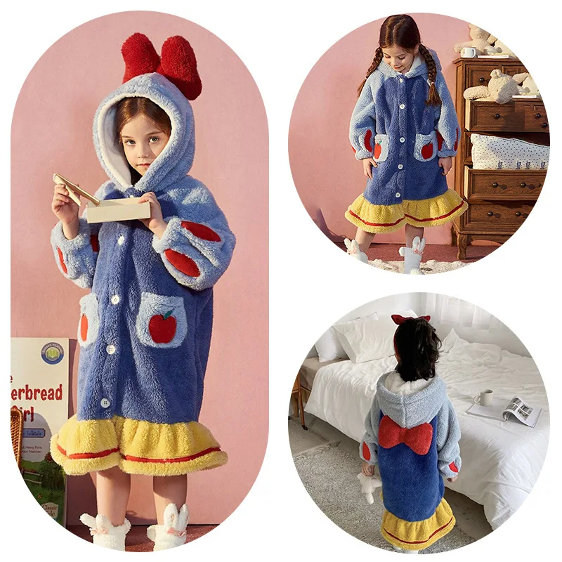 Snow White Children\'s Robes Autumn Winter Thick Nightgown Girls Coral Fleece Home Clothes Loose Cute Lovely Cartoon Pajamas