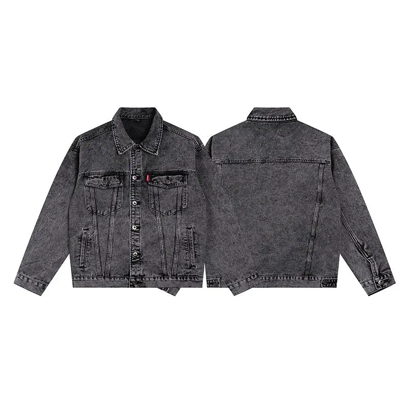 Verwaschene Schwarze Acid-Wash Denim Trucker Jacke für Herren Vintage Ausgewaschener Jeans-Mantel Übergroße Urban Streetwear Oberbekleidung Denim-Top Hip Hop – Detail 4