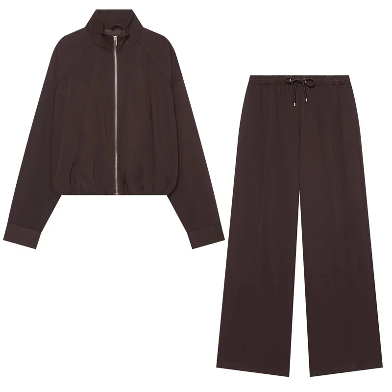 Guobioziy 2026 Autumn New Women's Suit Deep Brown Long-Sleeve Stand Collar Loose Minimalist Jacket Parka and Pants Set Casual