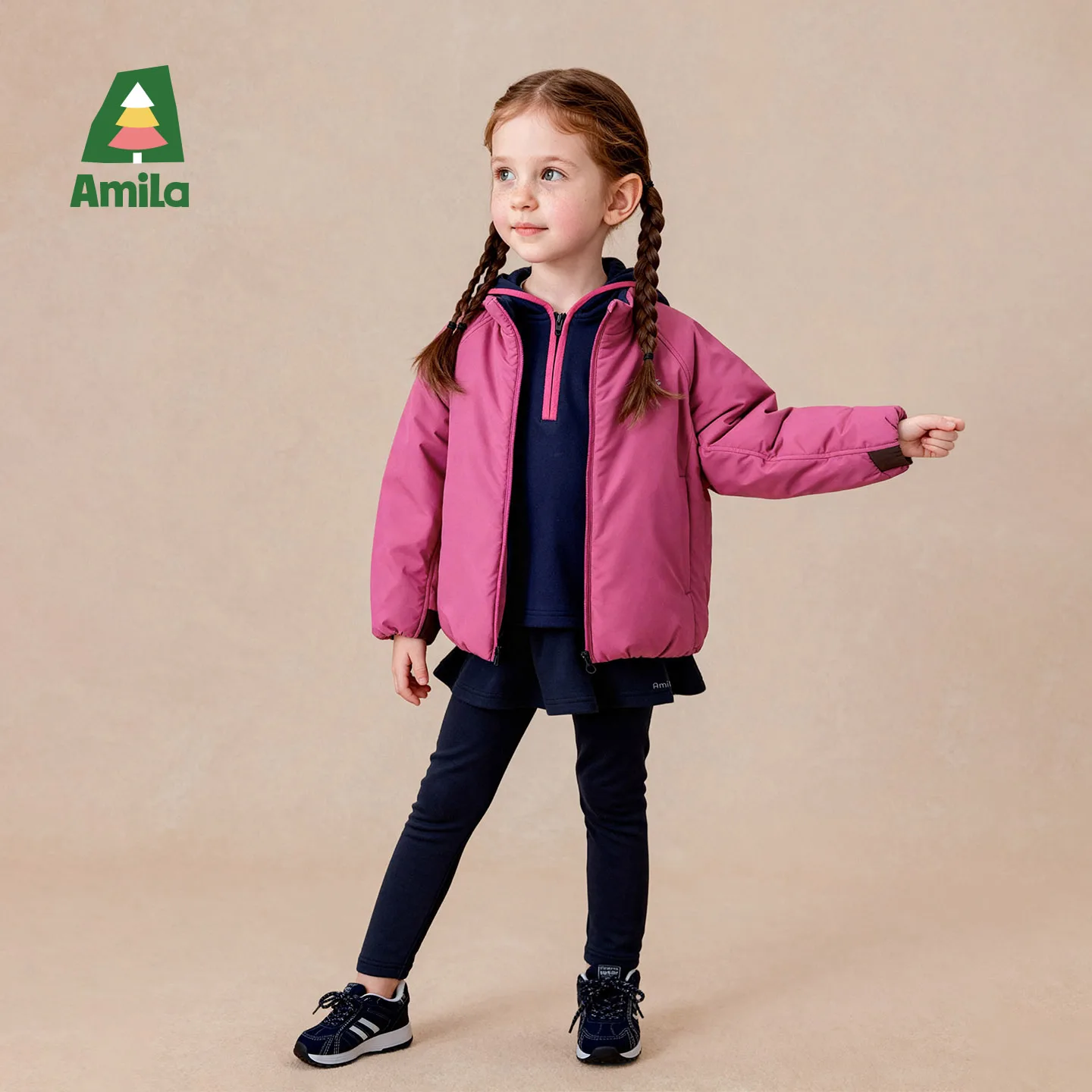 Amila 2026 Winter New Kids Padded Jacket Reversible Stand Collar Reflective Print Warm Extra Soft Cozy Daily Versatile Top