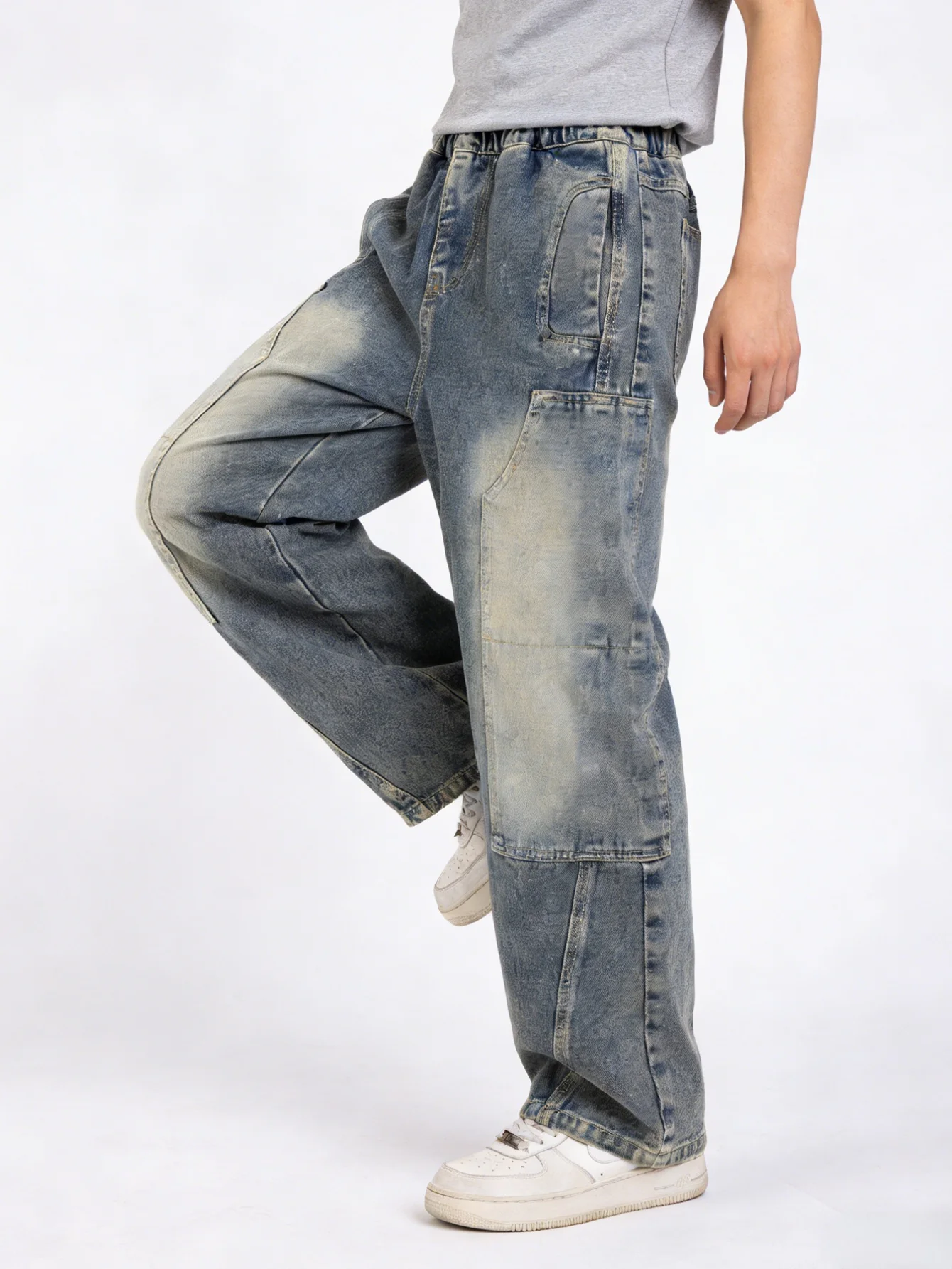 Boys' and teenagers' spring loose-fitting workwear jeans, suitable for daily wear, school, leisure, and outdoor activities