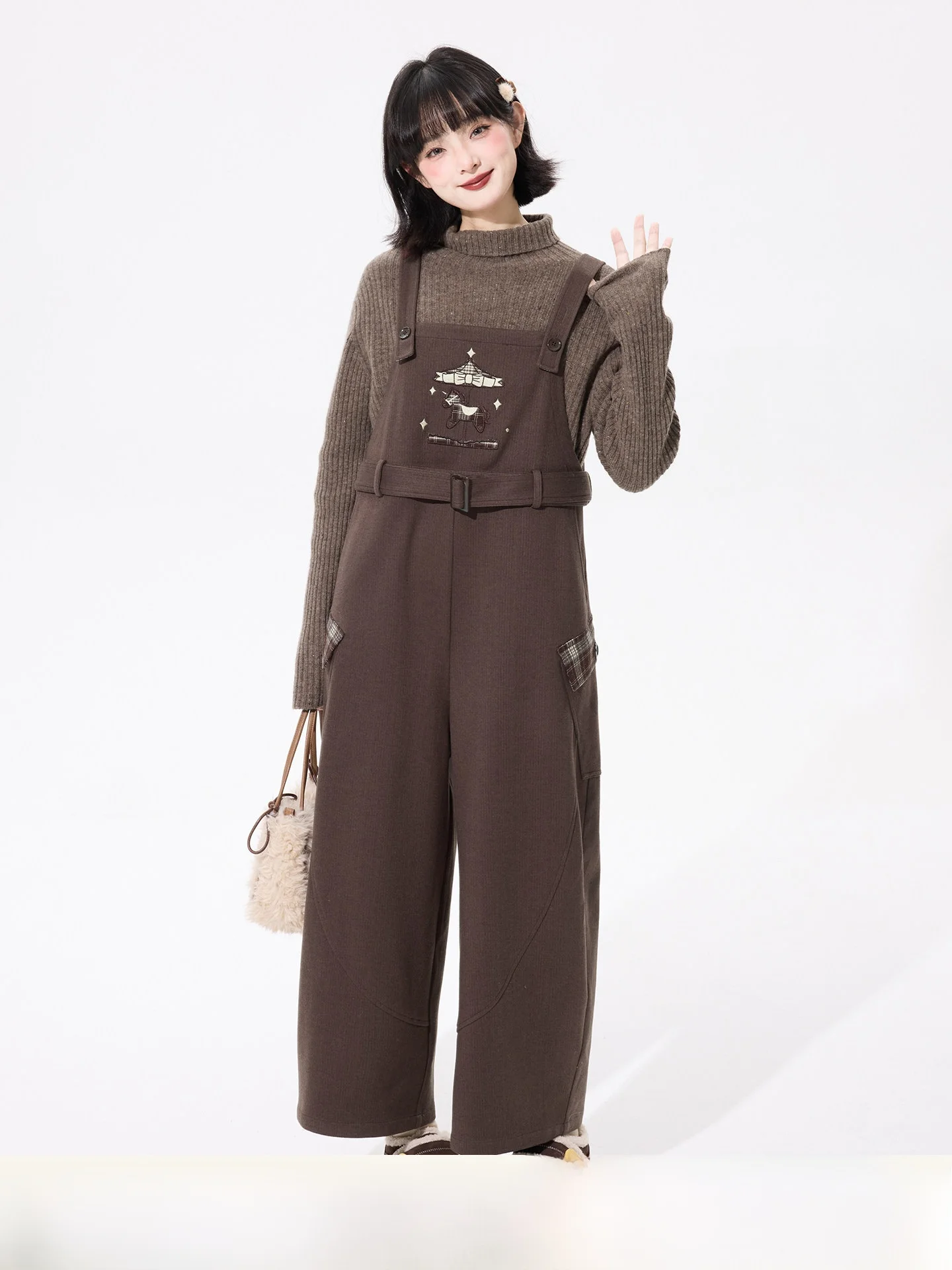 

Retro Sle Tweed Blouse with Patchwork Design Casual Loose Wide Leg Pants Women's High Waist Bule Polyester Blend Fabric