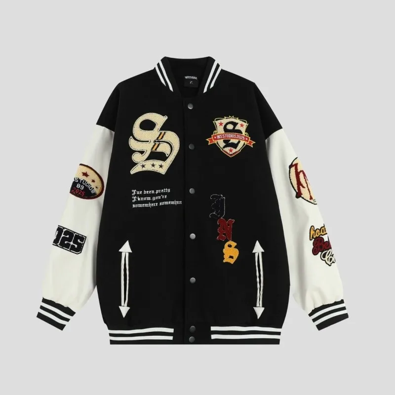 Embroidery Varsity Jackets Men Campus Spliced PU Sleeves Vintage Bomber Jackets Women America Streetwear Women Clothes Unisex