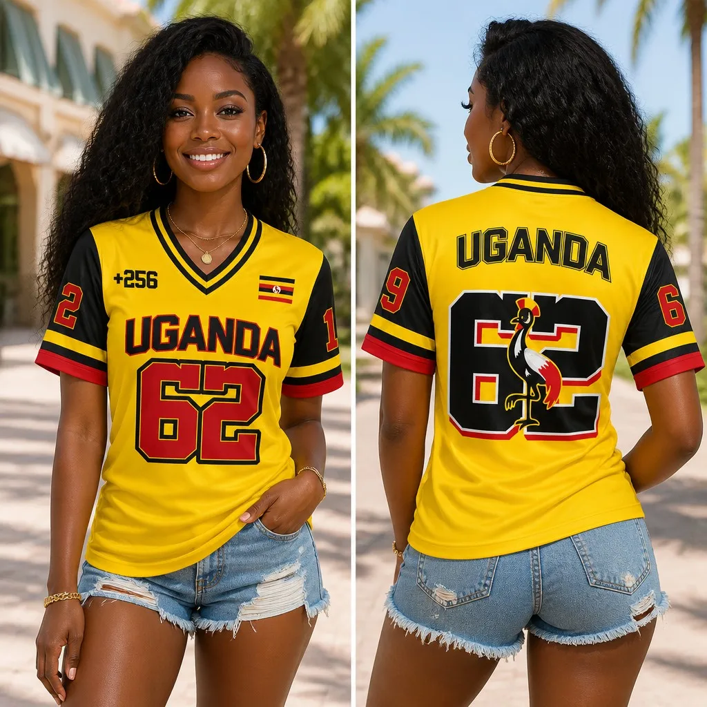 Women's V-neck Short-sleeved T-shirt, Fashionable and Sexy Printed Ugandan Flag Pattern Jersey Style Commuter T-shirt