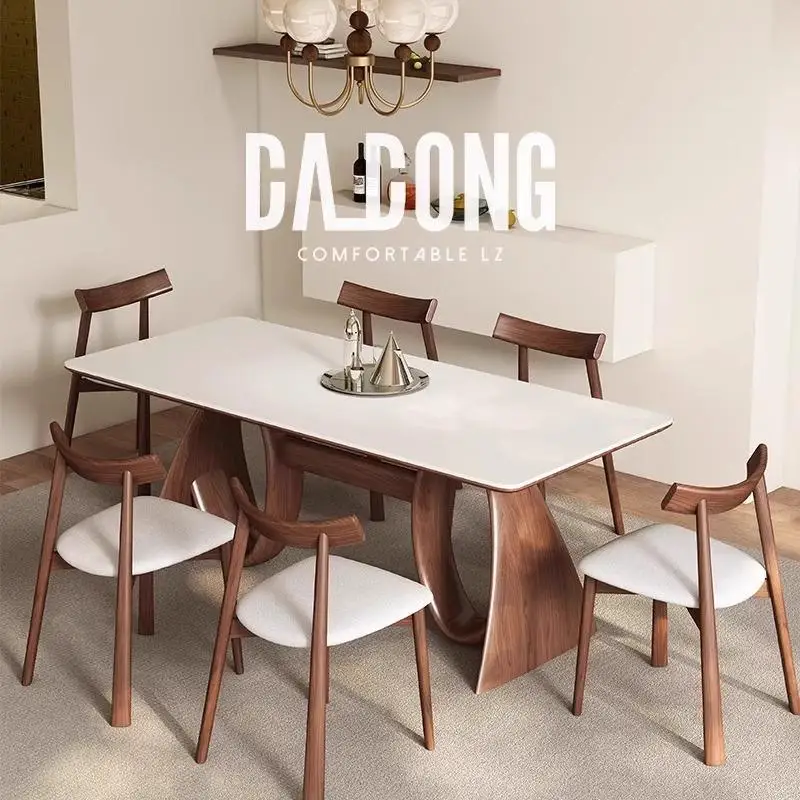 

Medieval ash wood solid wood rock slab dining table walnut French cream style simple household small apartment dining table