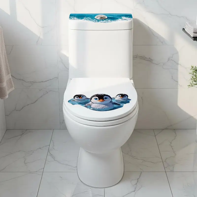 Cute Swimming Penguin Toilet Sticker Waterproof Bathroom Wall Sticker Self-Adhesive Removable Decals Home Decor