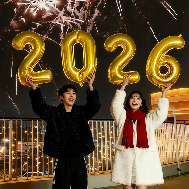 Happy New Year 2026 Balloons Gold Silver Pink Black Number 2026 Foil Balloons 16/32in Multicolour Happy New Year Banner