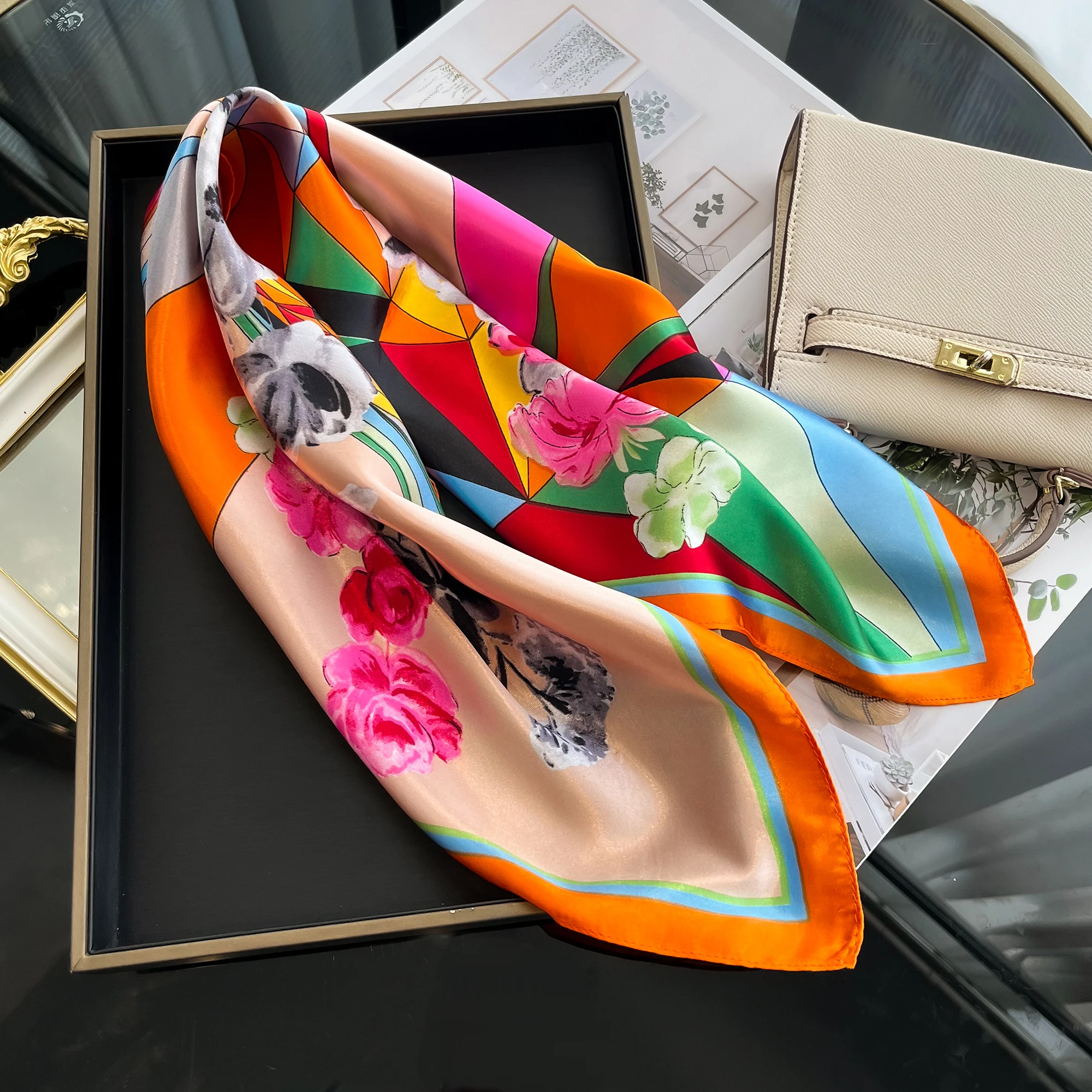 Luxury Silk Hair Square Scarf Women Satin Neck Tie Hand Wrist Foulard Summer Print Shawl Wraps Head Kerchief Hijab Bandana New