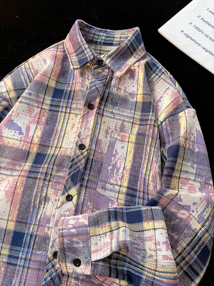 2025 Spring and Autumn Men's Green Plaid Shirt American Retro Style Purple Blue Tie-Dye Casual Long Sleeve Shirt