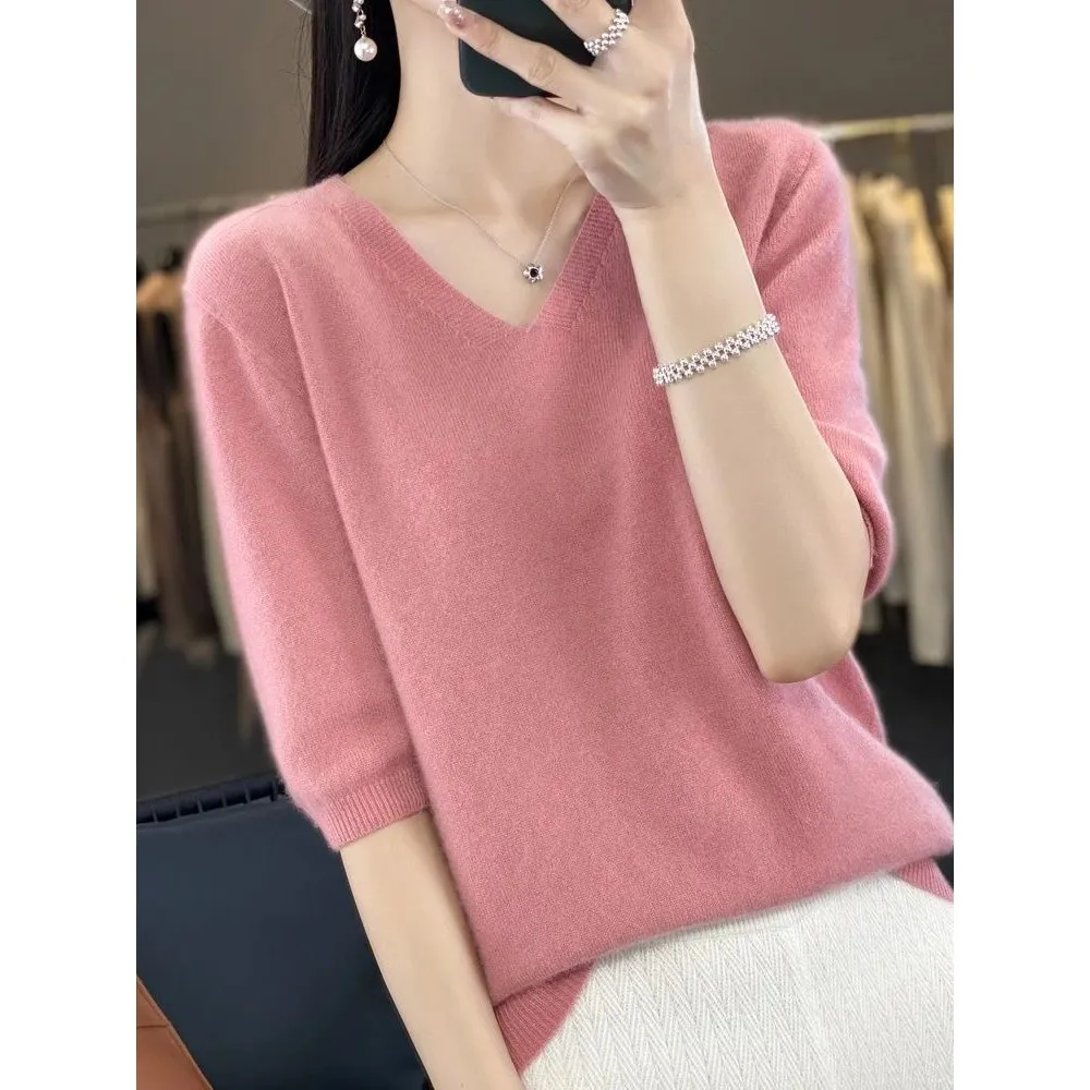 

Женская трикотажная футболка с V-образным вырезом из мериносовой шерсти, с мягкой подкладкой, осенняя, модная, удобная, экологичная