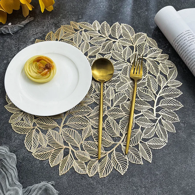 2023 Leaf Gold Placemats Round Leaf Table Mats Hollowed Out PVC Placemat Non Slip Table Mats for Dinner Party Wedding Home Decor