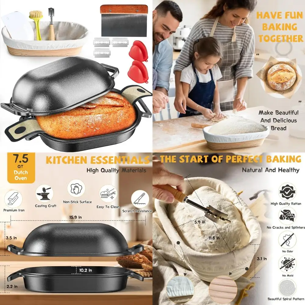 

Multi-Functional 7.5 Quart Cast Iron Dutch Oven for Bread Baking, Includes Banneton Proofing Basket and Baking Essentials