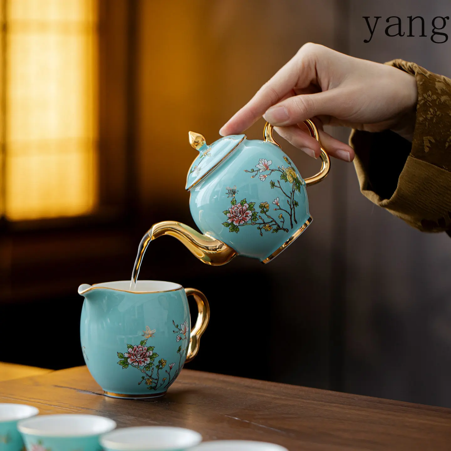 YJQ ceramic kung fu tea set high-end gift box set simple style Chinese light luxury household West Lake blue