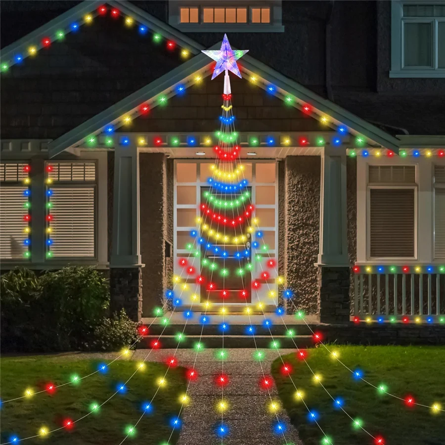 Cadena de luces de hadas navideñas para decoración de Año Nuevo, luces de jardín de cascada con estrellas remotas USB para exteriores, fiesta en casa y boda, 2025