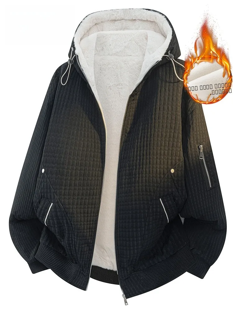 MoChao American Style Large Size Jacket Men's Autumn Winter New Loose Versatile Fleece Lined Thick Warm Hooded Coat