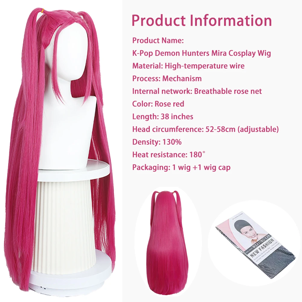أنيمي Kpop: شيطان الصيادين ميلا تأثيري الشعر الاصطناعية 38 بوصة ارتفع الأحمر مستقيم الشعر هالوين حفلة يومية شعر مستعار واقعية فروة الرأس #2