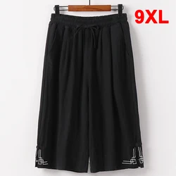 Linen Pants Men Plus Size 9XL Summer Linen Calf-length Pants Loose Wide Leg Pants Male Fashion Casual Bottom Elastic Waist