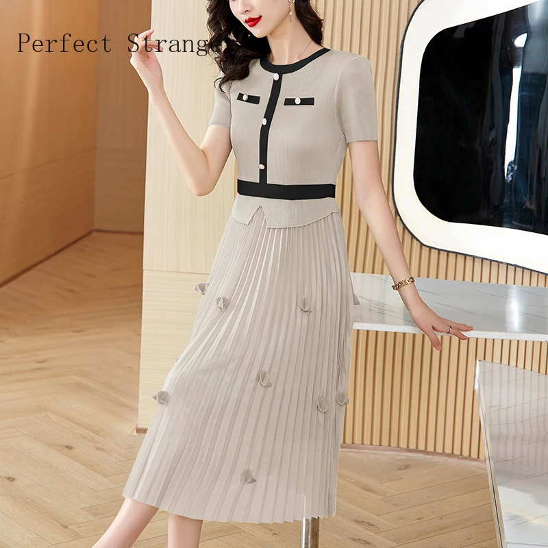 Sanzhai Falten kleid Sommer Frauen O-Ausschnitt Blütenblatt Dekoration elastischen Rock Slim Fit große schlanke knielange Kleid Robe