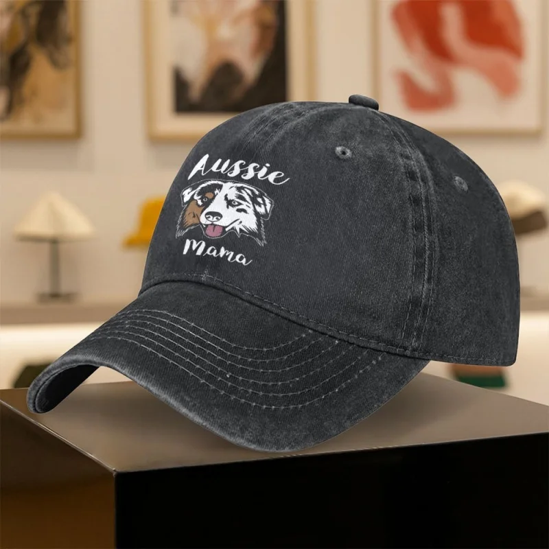 Vintage Washed Baseball Cap with Australian Shepherd Dog Head Print – Unisex Peaked Hat for Outdoor Sports & Daily Wear