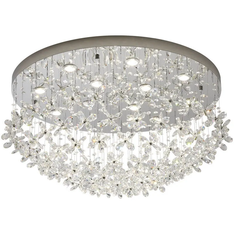 

Crystal ceiling lamp in the living room, chandelier in the light luxury hall, and stairs in the duplex villa