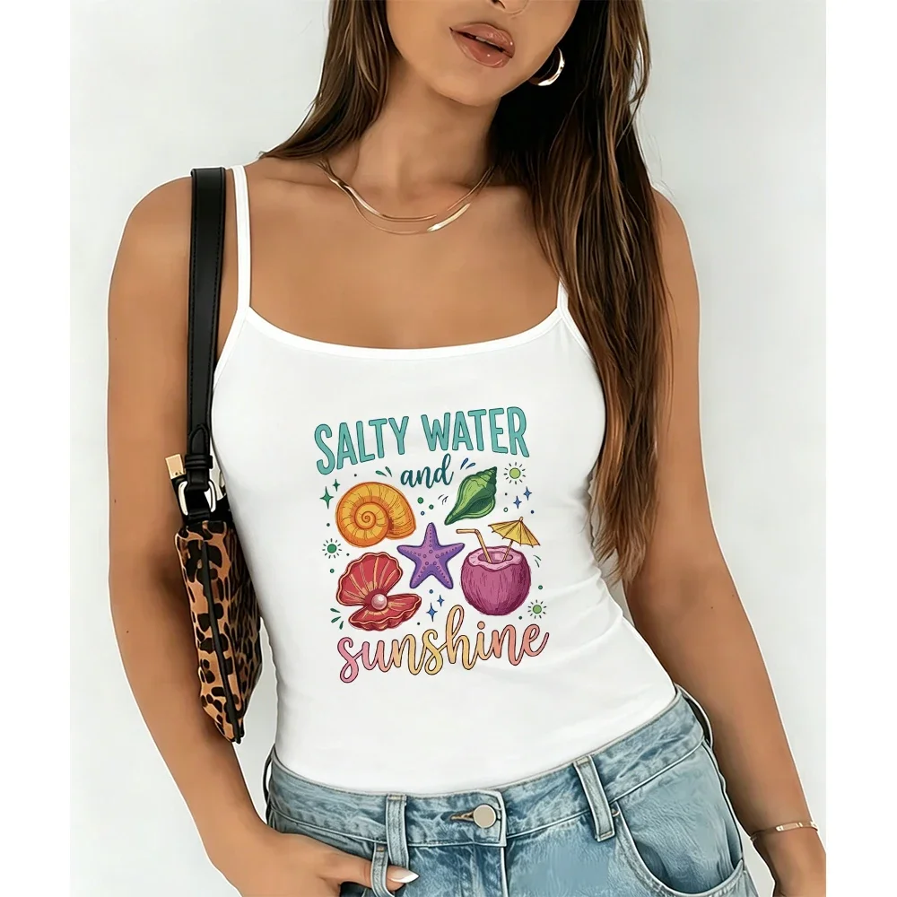 Salty Water Sunshine Graphic Camisole Summer Beach Shell Starfish Print Tank Top Cute Sleeveless Vest Holiday Crop Top Fashion