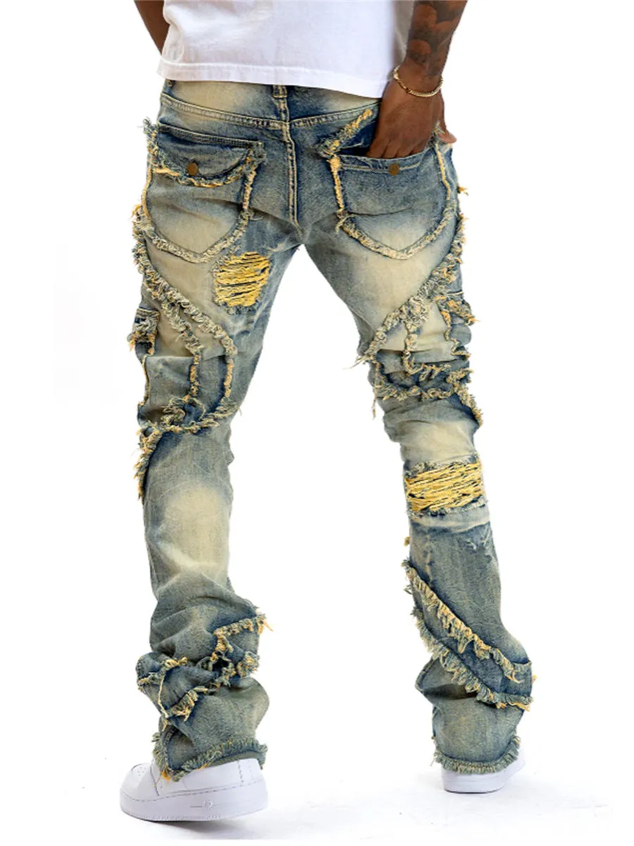 Männer Frühling Herbst Casual Denim Hosen Zerrissene Multi Taschen Slim Fit Jeans Hosen für Streetwear Punk Trendy Mode Retro