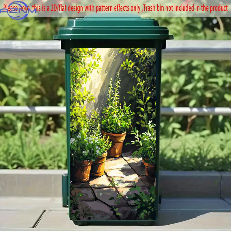 Trash Can Sticker - Potted Plants in Sunlight Pattern Greenery-Themed PVC Self-Adhesive Decal for Trash Cans, Walls, Kitchen D