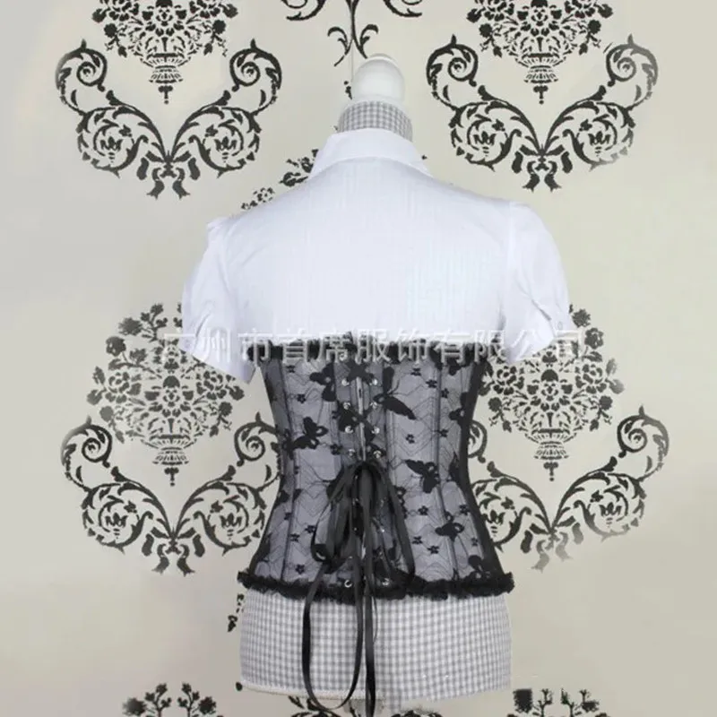 Women's Butterfly Embroider Semi Transparent Fish Bone Tight Lace Corset for Tshirt Sexy Mesh Wrap Waist Cincher Bustier Tops