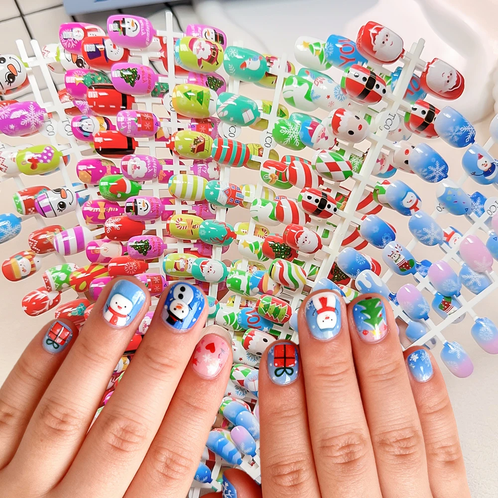 24Pcs/Strips Kids Short Oval Christmas Press on nails 6-14Years Gril Princess Children Xmas Gift False Nails Cartoon Fake Nails@