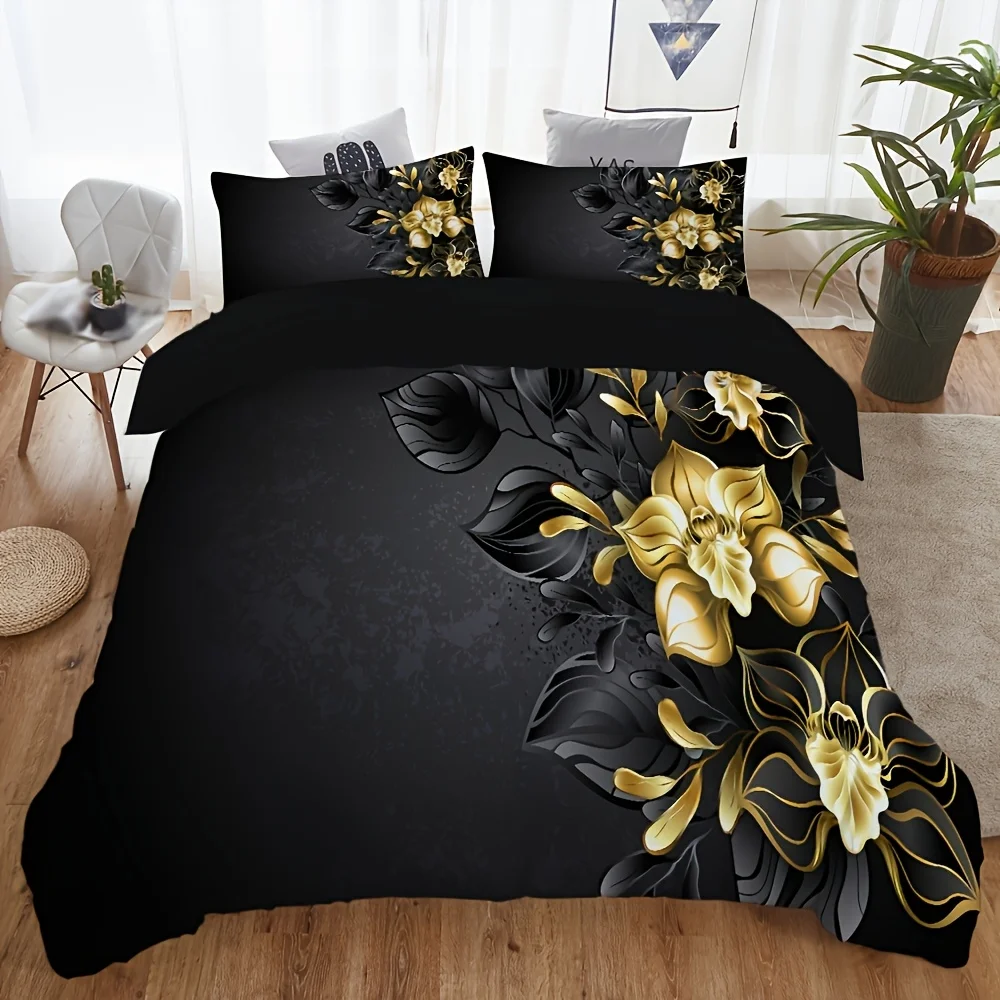 

2/3pcs Golden Flower Pattern Duvet Covers, Soft Polyester Bedding, Including 1 Duvet Cover And 1/2 Pillowcase (Without Core)