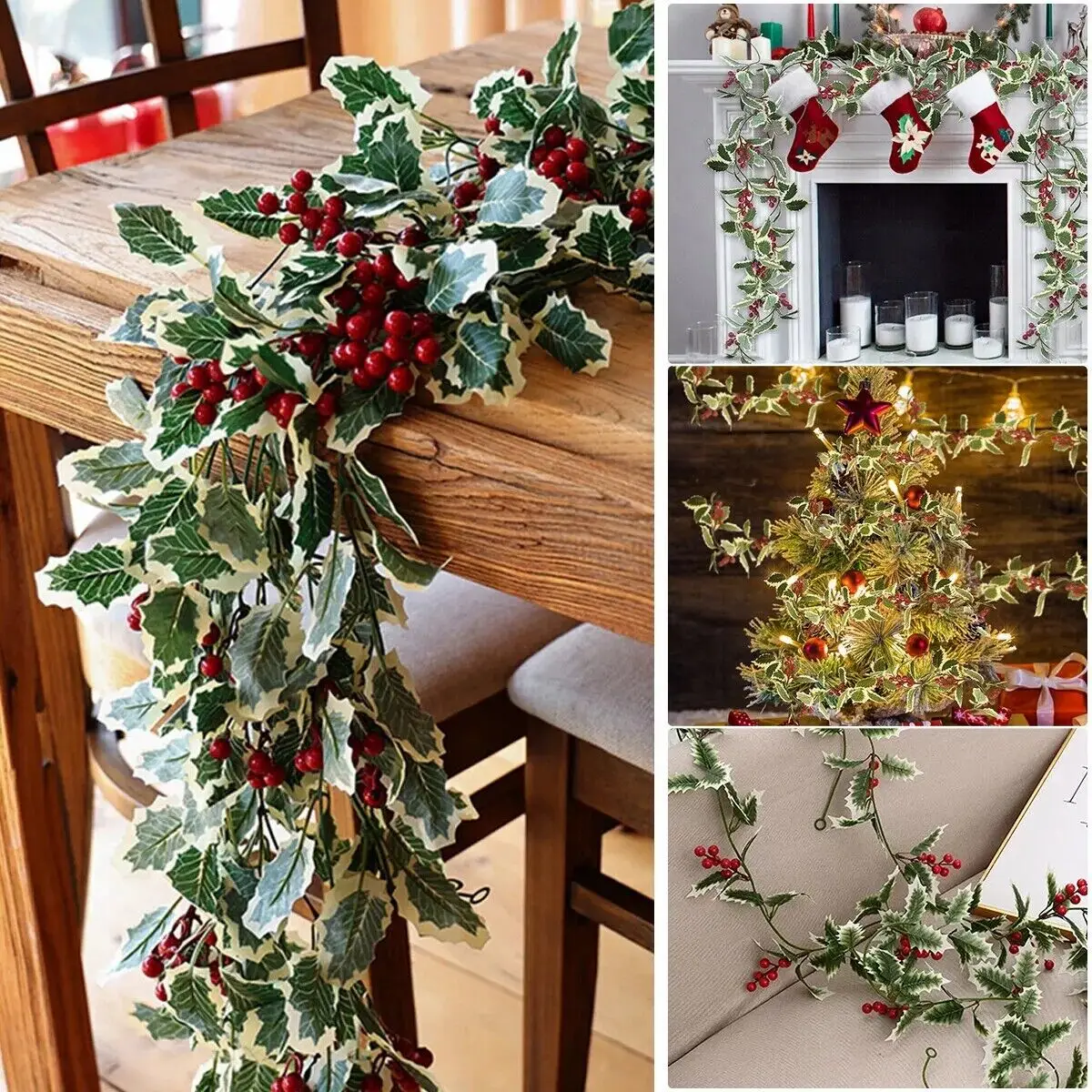 2M Artificial Plants Garland Red Berry Poinsettia Christmas Decoration for Xmas Tree Ornament Table Home Parry Decor Fake Plant