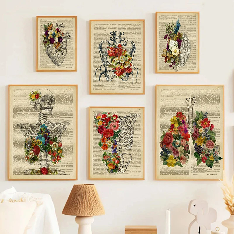 Vintage Human Anatomy Poster Print Flowers Medical Wall Picture Heart Brain Anatomy Canvas Painting for Hospital Clinic Decor