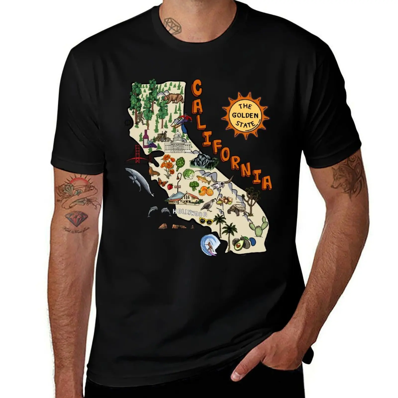 

California State Map with Colorful Pictures T-Shirt Funny t-shirts for a boy new gifts and t-shirts cotton t shirt men