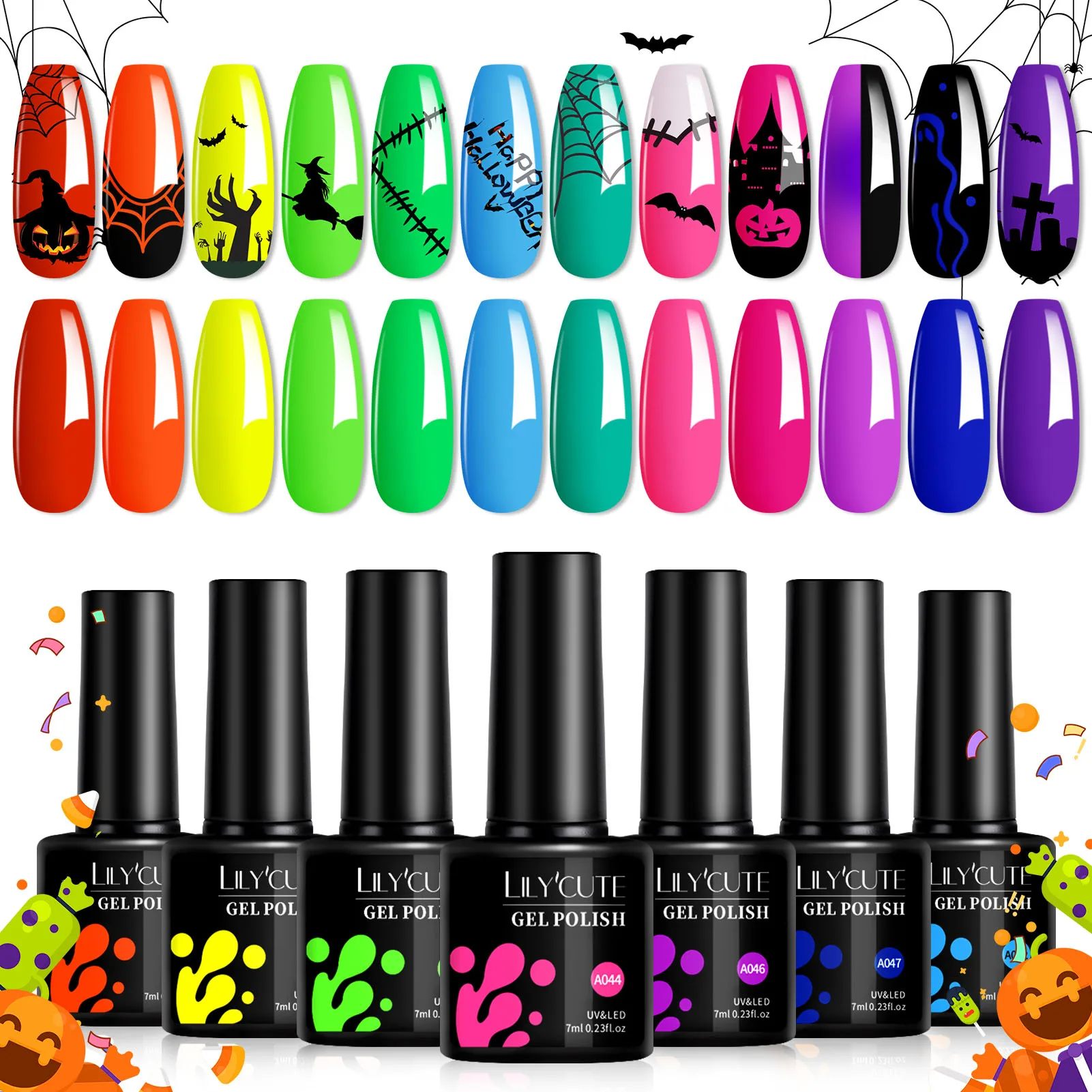 LILYCUTE 12pcs Nail Gel Polish Set 7ml Fluorescence Color Semi Permanent All For Halloween Manicure Nails Art Gel Varnishes Kit