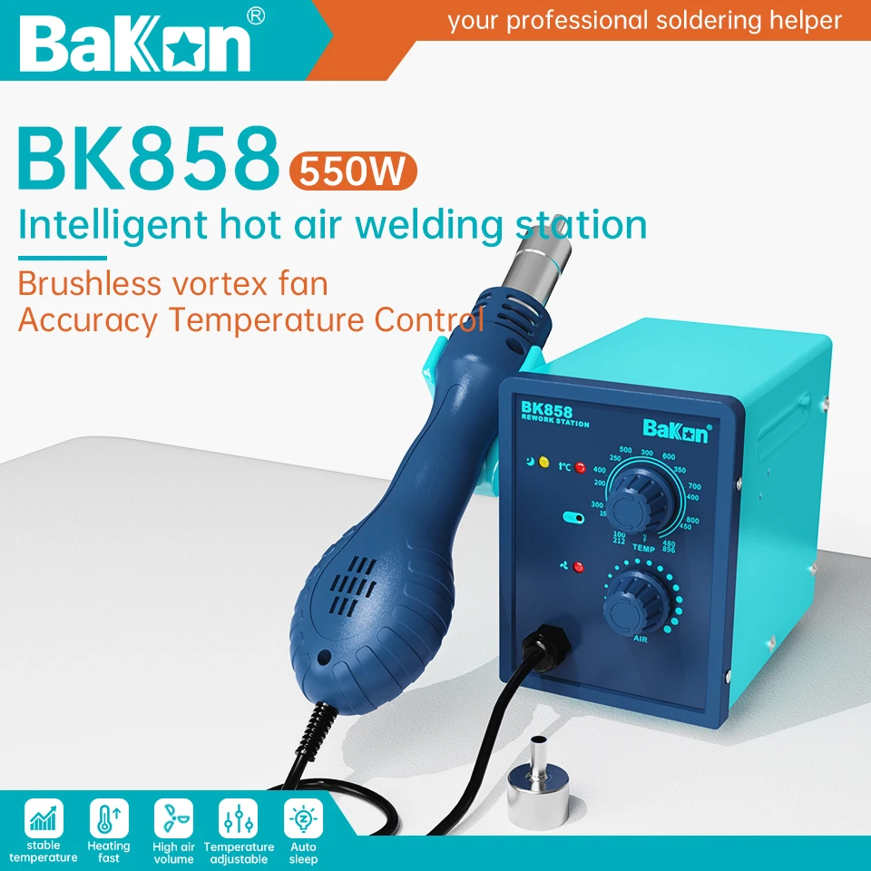 Estación de Aire Caliente Bakon BK858 550W, Estación de Soldadura y Retrabajo, Pistola de Calor con Apagado Automático, Herramientas de Soldadura, Estación de Calor