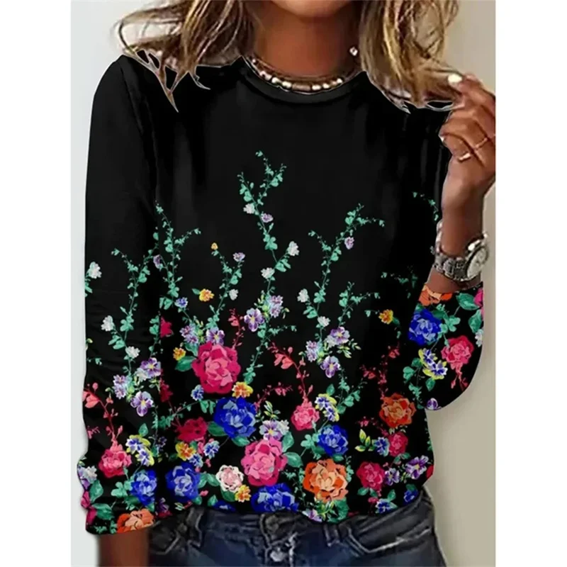 Fashion Colorful T Shirts For Women Fashion Casual Street Long Sleeve Tops O Neck Pullovers Florals 3D Women Tshirts Clothes