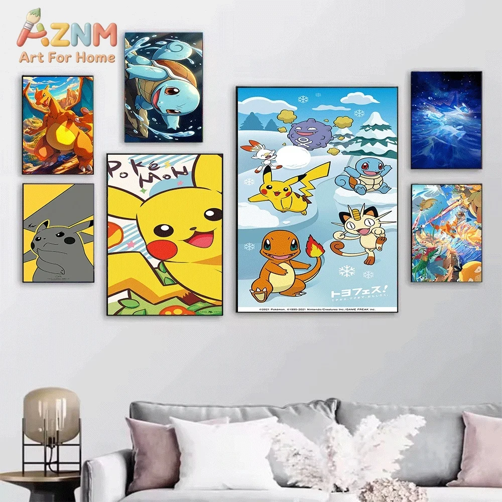 Anime Pokemon Cute Pikachu Canvas Wall Art, Classic Pocket Monster Cartoon Frameless Canvas Painting for Kids Bedroom Living R
