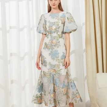 שמלת אורגנזה פרחונית אלגנטית DEVCHATA עם זנב דג מקסי, שמלת ע...