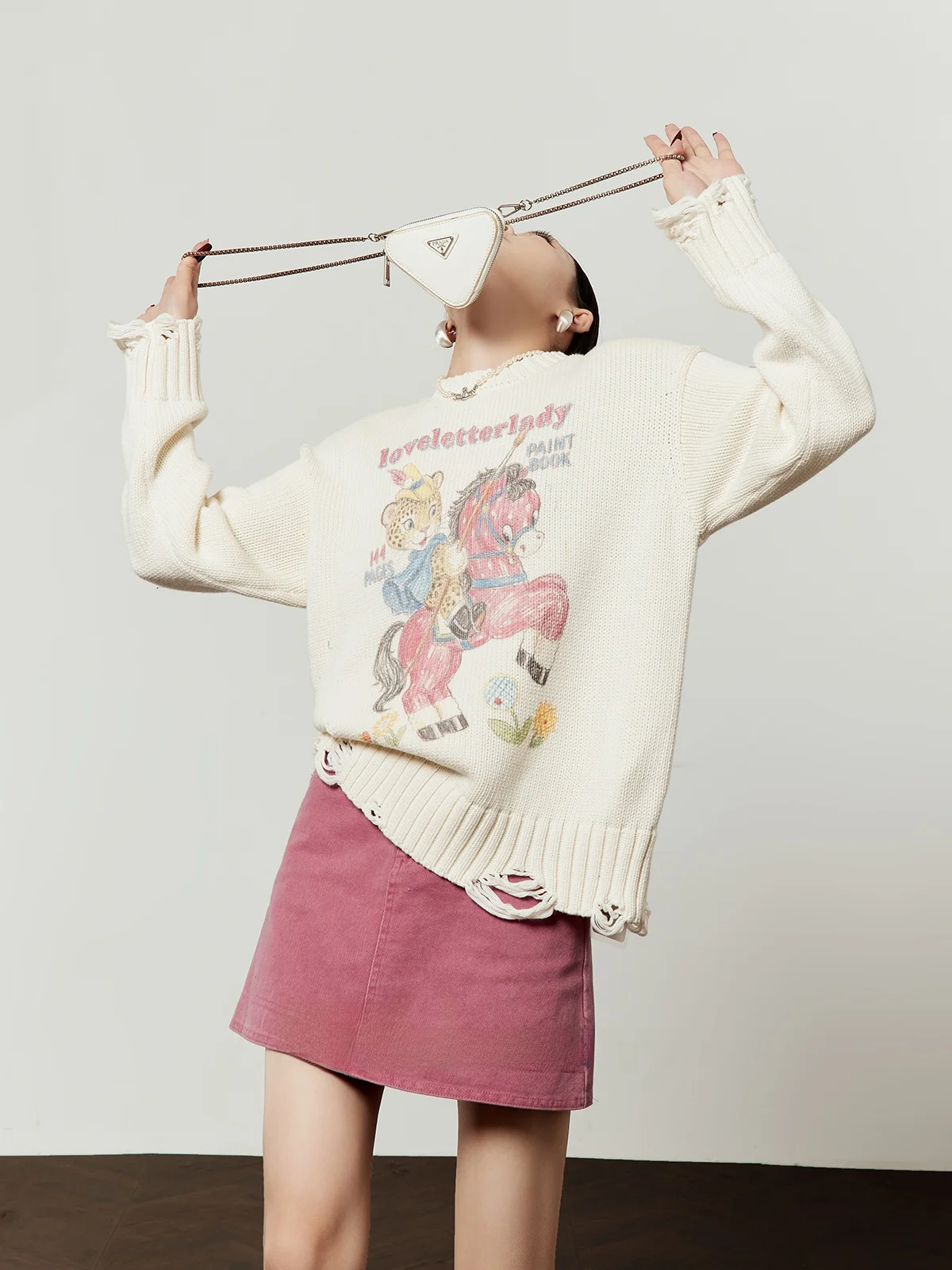 

Women's Loose round Ne Sweater White Knitwear Spring 2026 Korean Sle Printed Top Faionable Casual Long Sve