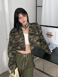 Zoki Sexy Cropped Camouflage Cargo Jackets Women Vintage Streetwear Slim Y2K Coats Vintage American Long Sleeve Female Fall Tops