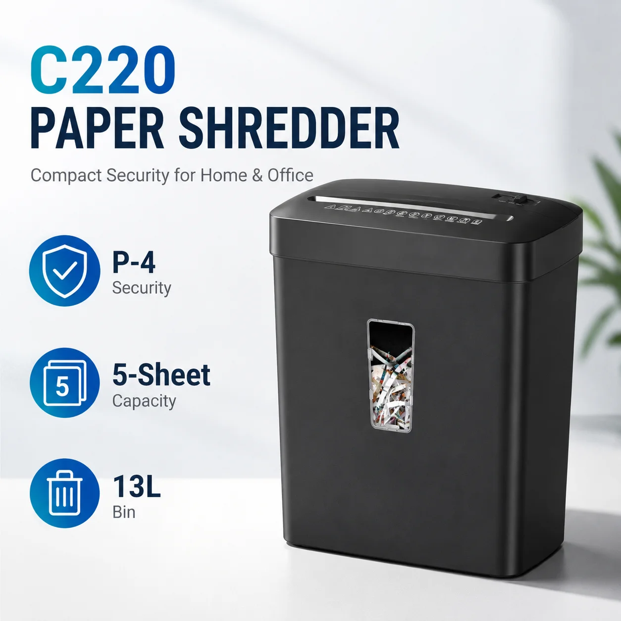 C220 P-4 Cross-Cut Paper Shredder 5-Sheet 13L Bin Auto Start Reverse Overheat Protection for Home Office